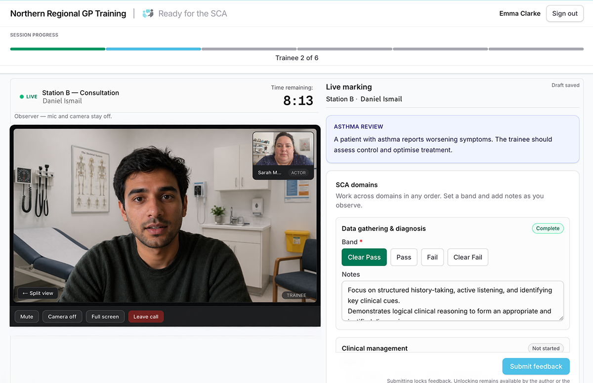 Live consultation: main video, picture-in-picture and marking panel